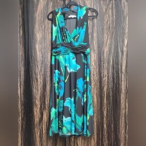 Evan Picone Black and Blue Floral Midi Dress